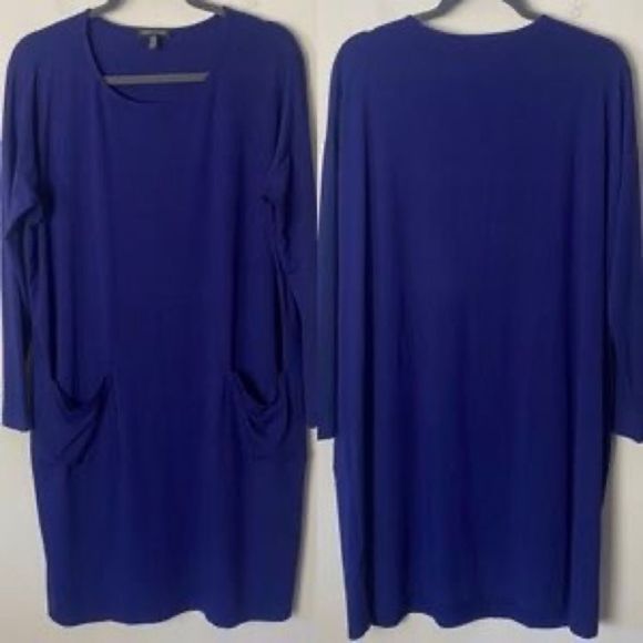Eileen Fisher Dress Long Sleeve Jersey Pocket Oversized Dress Cobalt Blue XXS - Picture 1 of 7